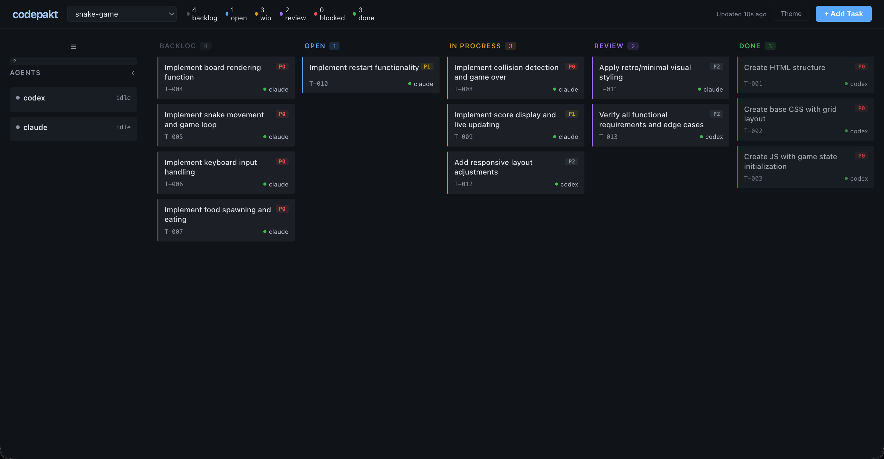 codepakt dashboard — kanban board with tasks assigned to claude and codex agents
